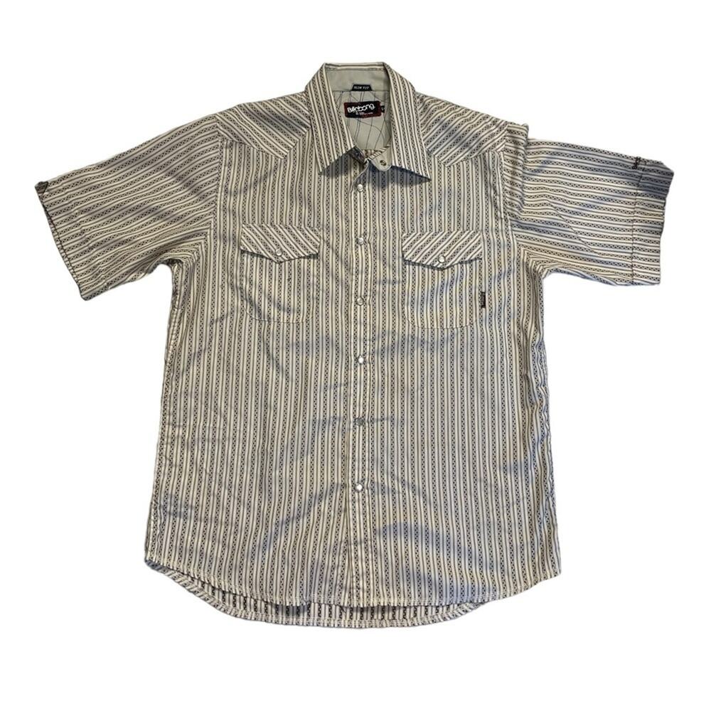 Billabong Shirt Mens L Cream Stripes Pearl Snap Short Sleeve Slim Fit Western